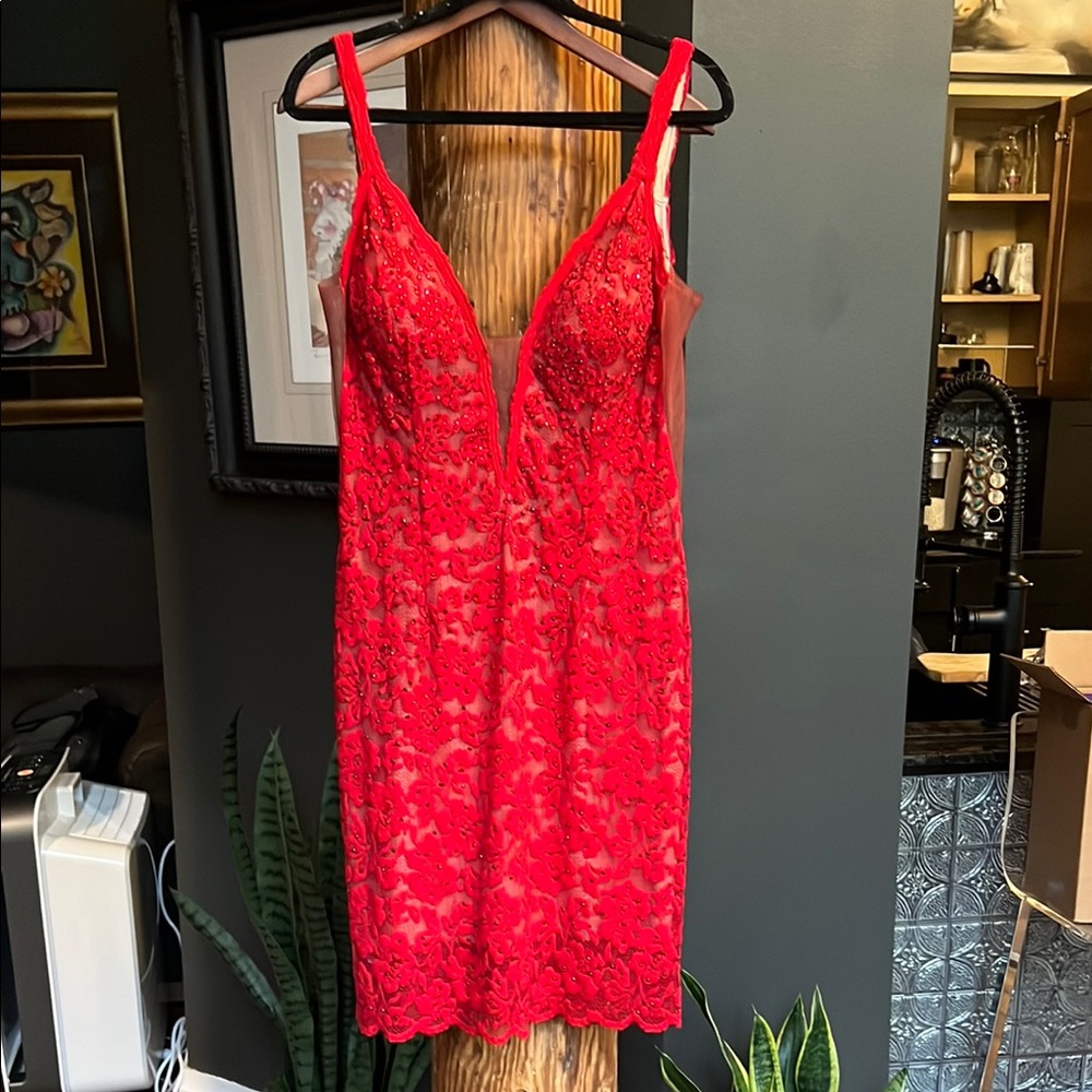 Jovani Red Slip Dress with Plunge Neckline for Cocktail